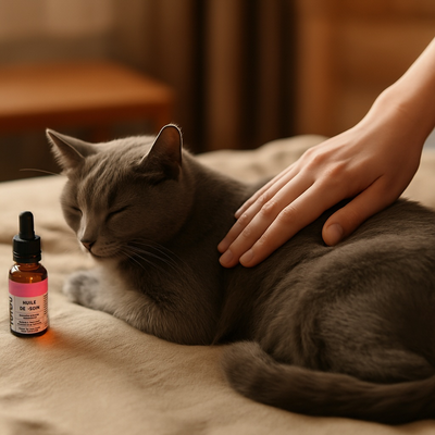 huile bio chat dans décor naturel et apaisant