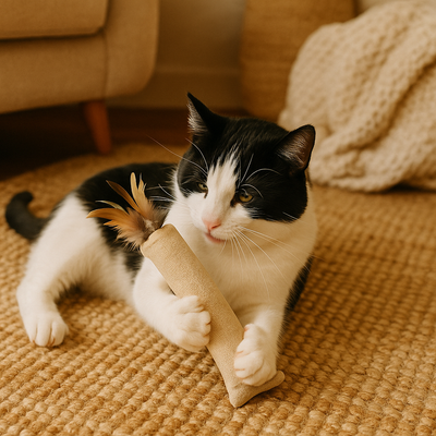 Chat adulte jouant avec kicker plumeau chanvre bio