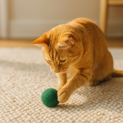 chat qui joue avec balle écologique en laine
