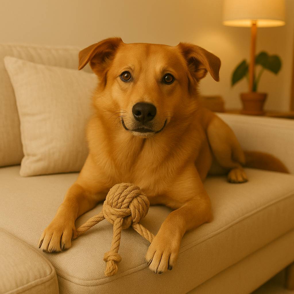 Chien de taille moyenne au pelage doré allongé sur un canapé beige, tenant entre ses pattes un jouet pour chien en chanvre naturel en forme de pieuvre, dans un salon chaleureux au style éco-responsable
