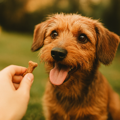chien heureux recevant une friandise naturelle végétale