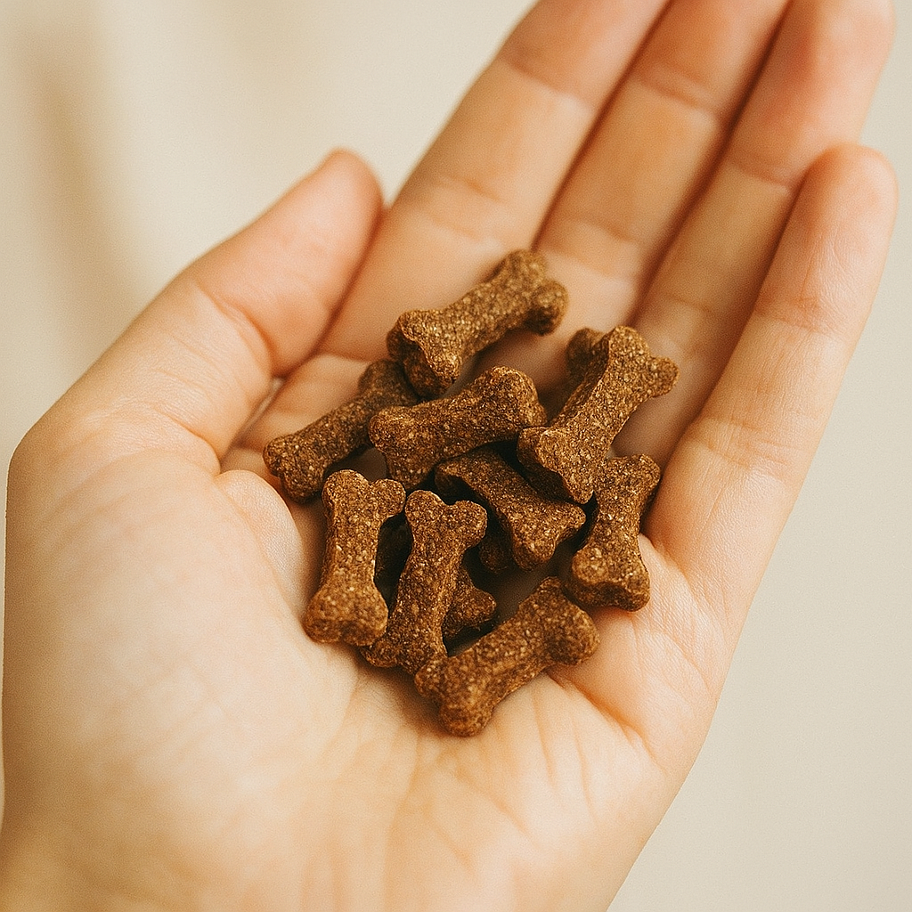 Friandises végétales pour chat et chien, petit format os, tenues dans une main humaine, lumière douce et fond neutre éco-responsable