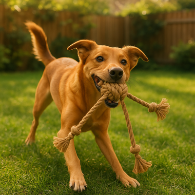 Chien qui joue avec le jouet Quadropus en corde bio
