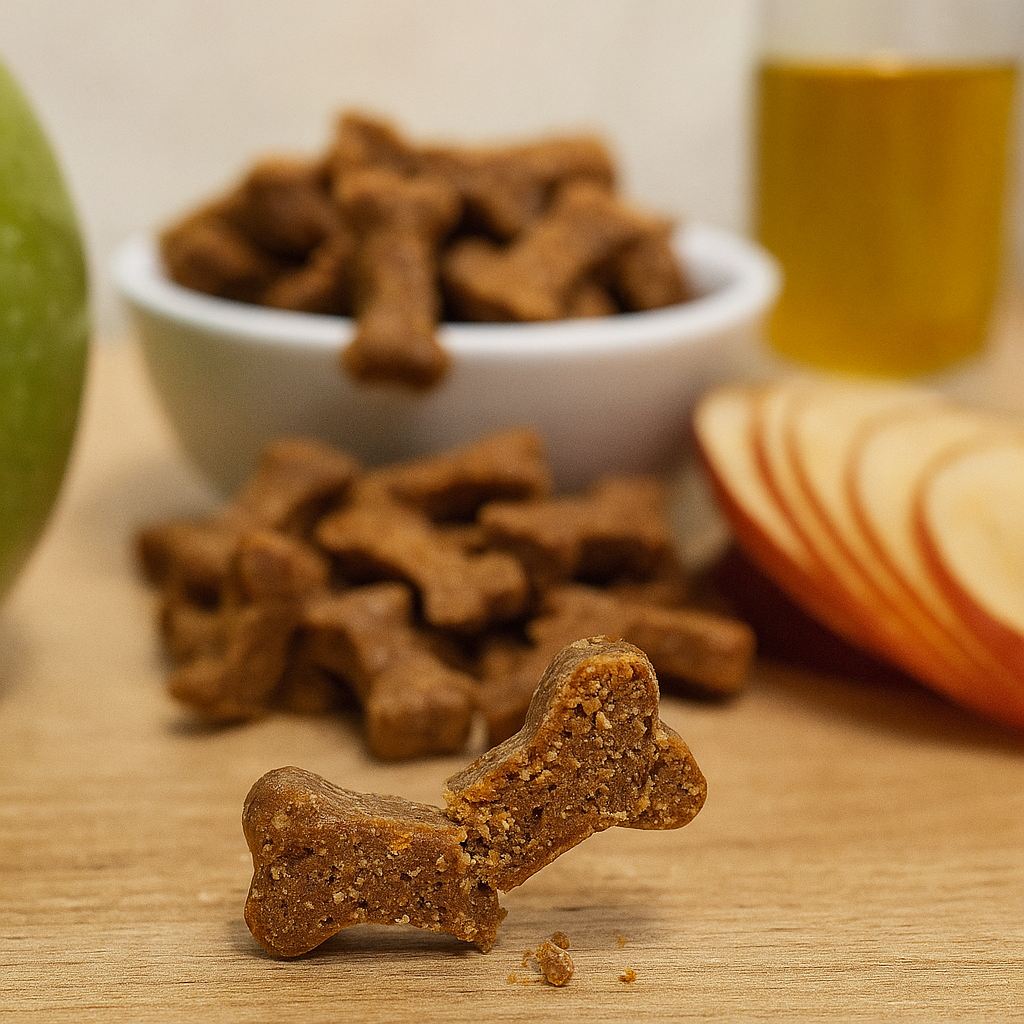 Gâteau végétal pour chat et chien à la caroube et pomme, texture croquante visible en gros plan, ingrédients naturels en arrière-plan.