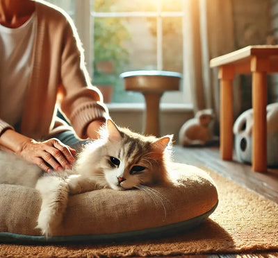 Un chat âgé allongé confortablement sur un coussin doux dans une pièce ensoleillée, avec son propriétaire le caressant gentiment. La pièce est chaleureuse et accueillante avec des jouets et une fontaine à eau visibles en arrière-plan.