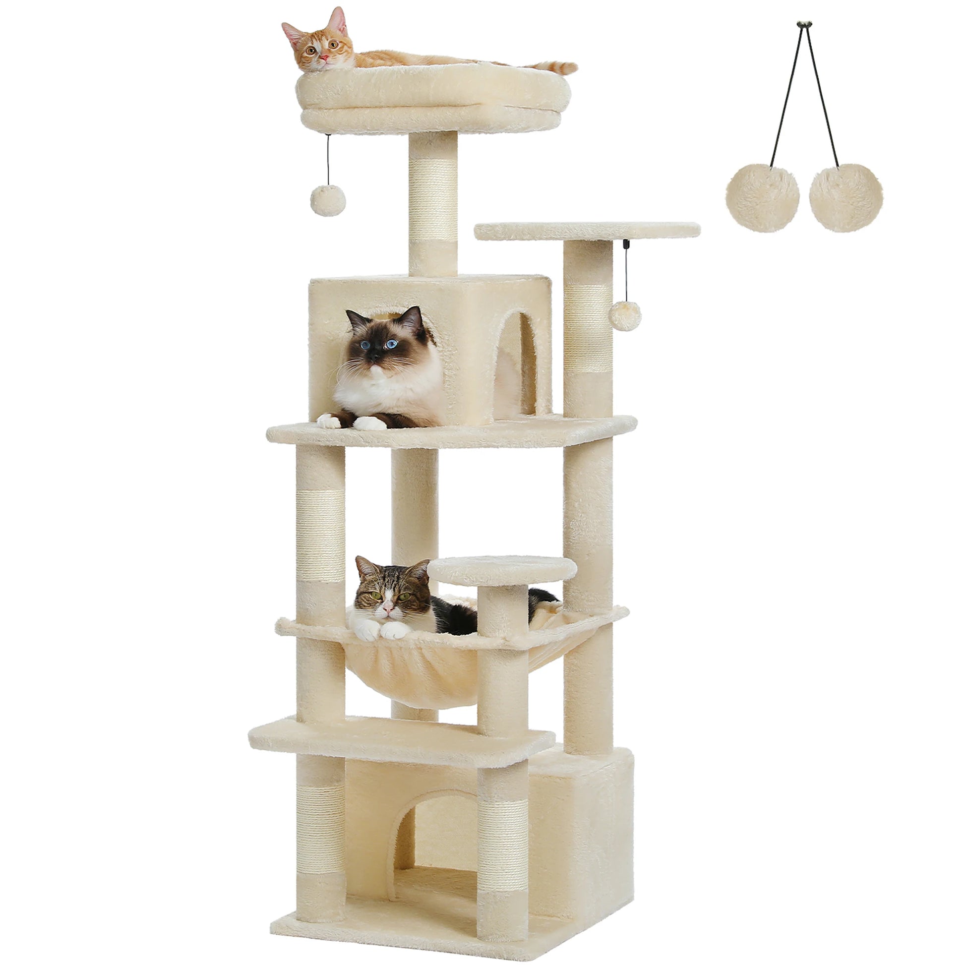 Arbre à chat beige de 136 cm avec deux perchoirs rembourrés, hamacs, condos et poteaux griffoirs, avec trois chats se reposant sur différentes sections.