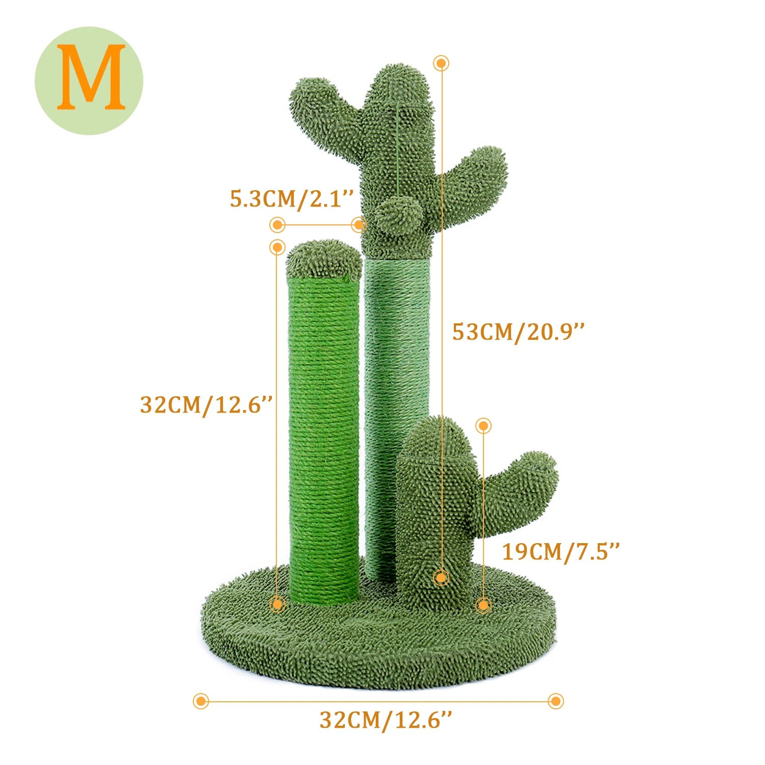 Arbre à chat de taille moyenne en forme de cactus vert avec deux poteaux de 53 cm et 32 cm de hauteur, et une base ronde de 32 cm de diamètre.