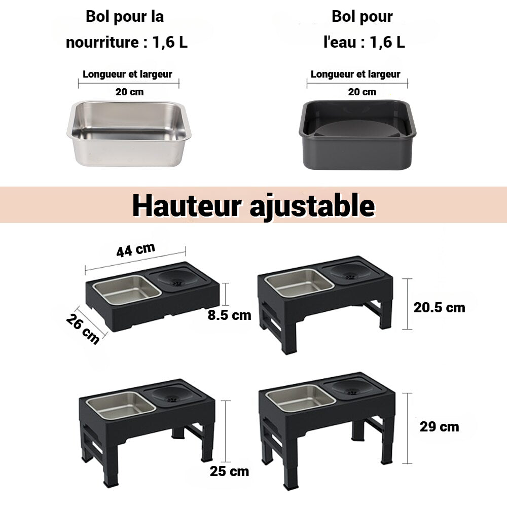 L'image montre des bols pour la nourriture et l'eau avec une capacité de 1,6 L chacun. Les bols ont une longueur et une largeur de 20 cm. Le support des bols est ajustable en hauteur avec quatre options : 8.5 cm, 20.5 cm, 25 cm et 29 cm, avec des dimensions globales de 44 cm de long et 26 cm de large.