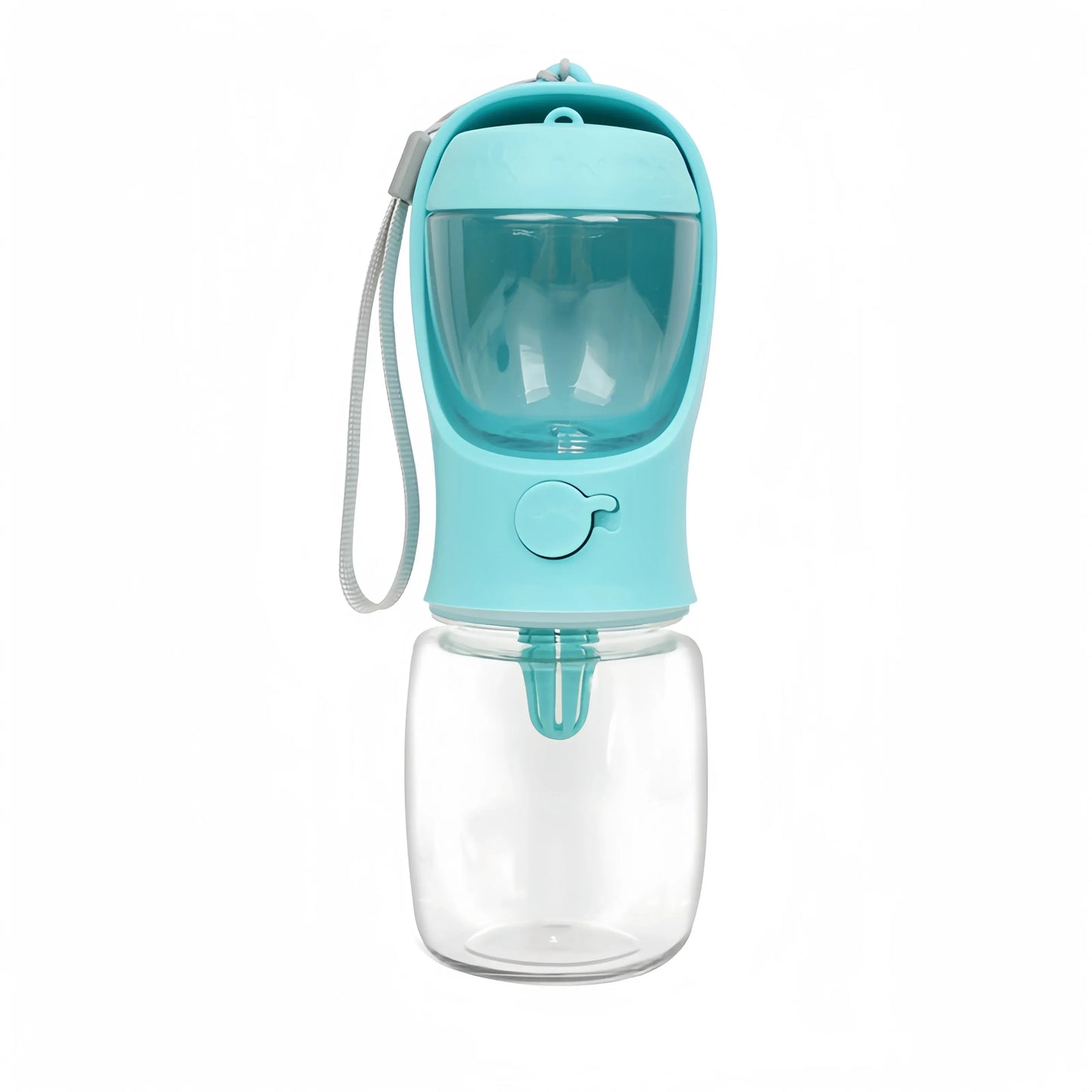 outeille d'eau portable de couleur bleue pour animaux de compagnie, avec récipient transparent et distributeur d'eau, idéale pour hydrater votre animal en déplacement.