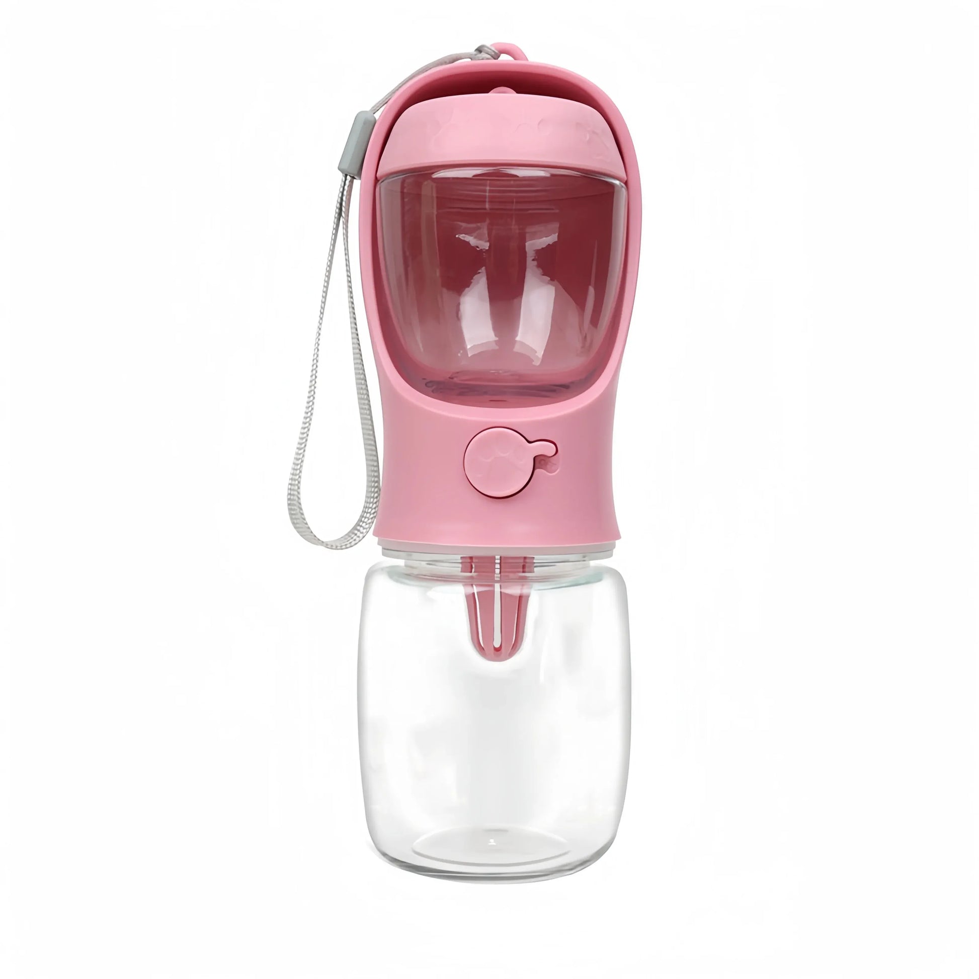 Bouteille d'eau portable de couleur rose pour animaux de compagnie, équipée d'un récipient transparent et d'un distributeur d'eau avec bouton, idéale pour les promenades et les voyages.