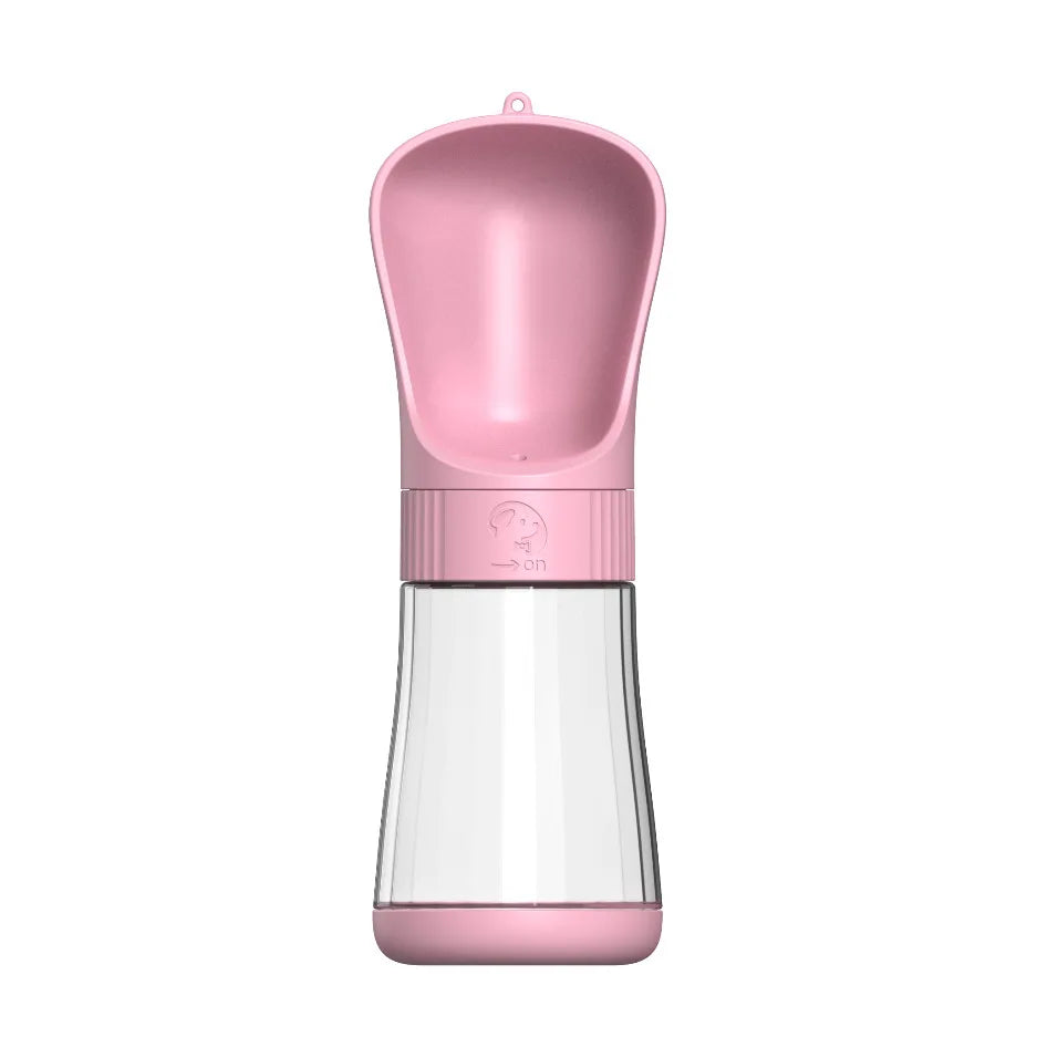 Bouteille d'eau portable rose pour chien avec une capacité de 330ml.