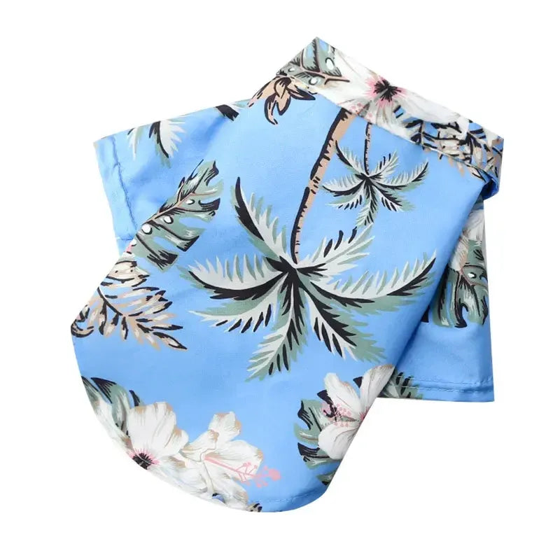 Chemise hawaïenne pour chien de couleur bleu clair avec des motifs de feuilles de palmier et de fleurs blanches.