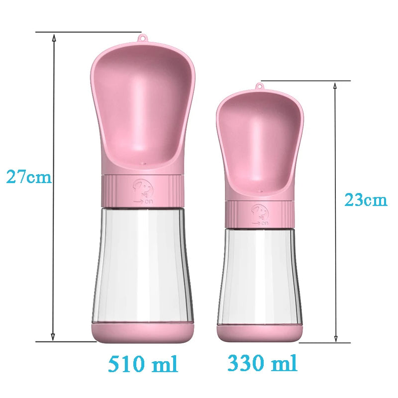 Comparaison des tailles des bouteilles d'eau portables pour chien de 330ml et 510ml avec des mesures en centimètres.