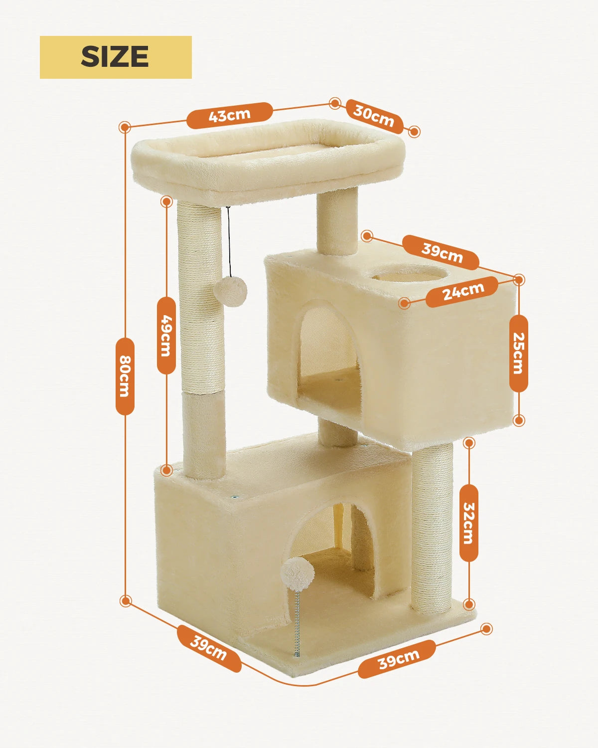 Dimensions de l'arbre à chat beige de 80 cm, montrant les tailles de chaque niveau et des condos.