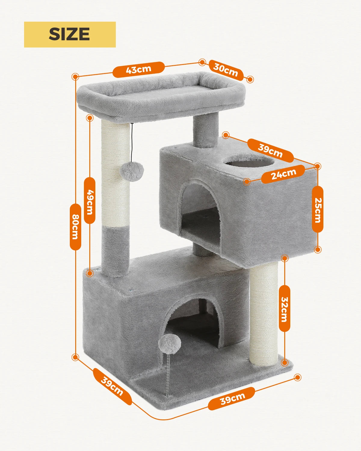 Dimensions de l'arbre à chat gris clair de 80 cm, montrant les tailles de chaque niveau et des condos.