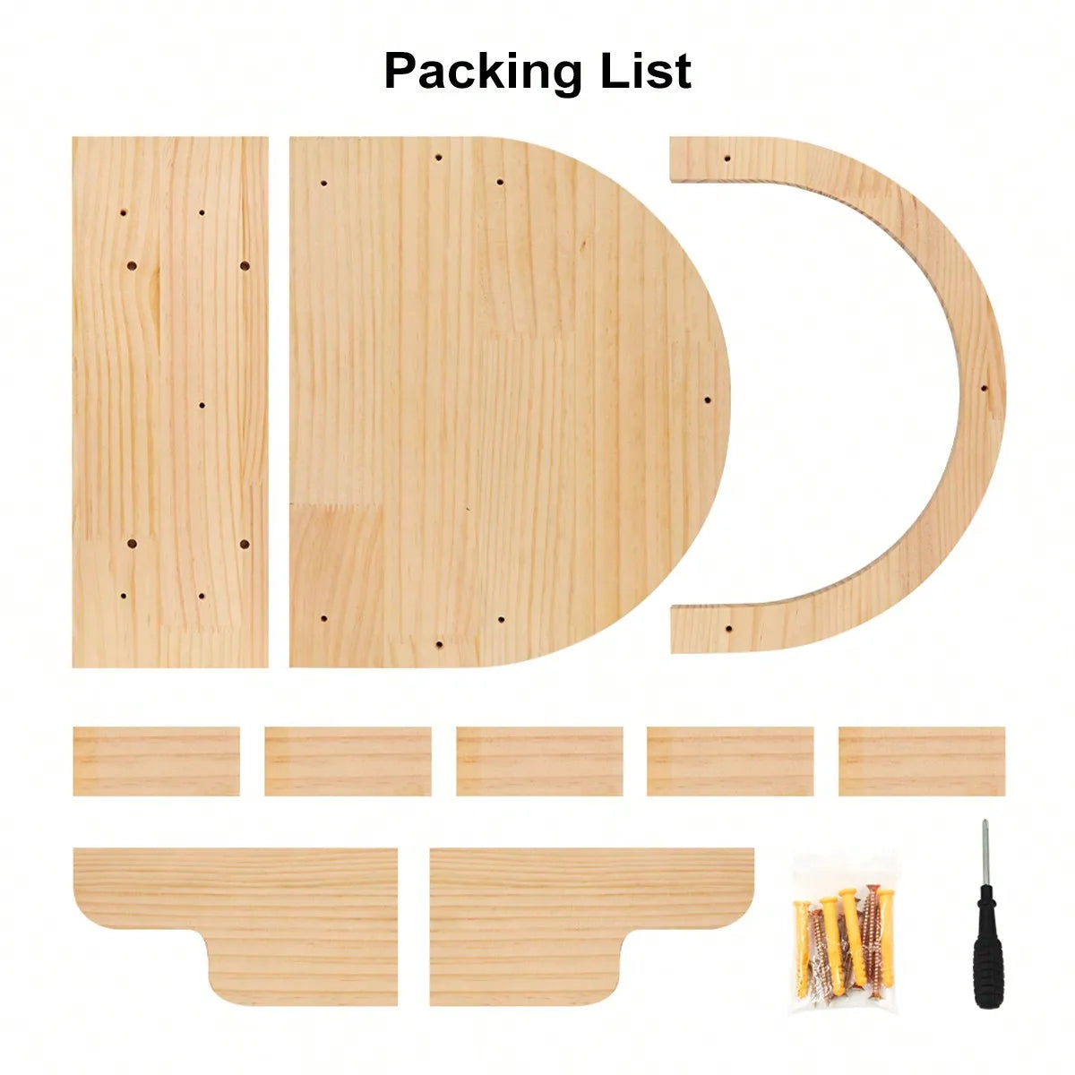 Kit de montage en bois pour étagère murale pour chat comprenant des planches et des vis.