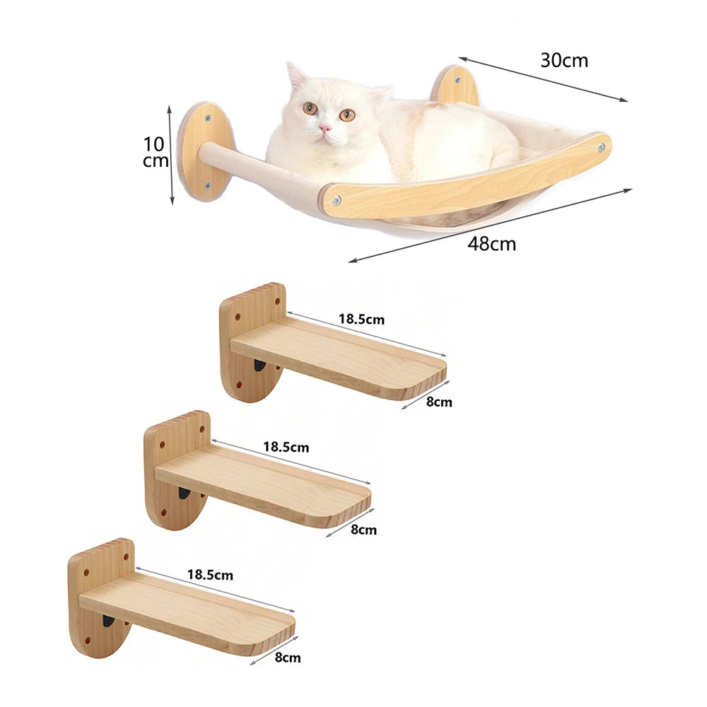 Ensemble de hamac et trois étagères murales en bois pour chat, avec des mesures indiquées, idéal pour les espaces réduits.