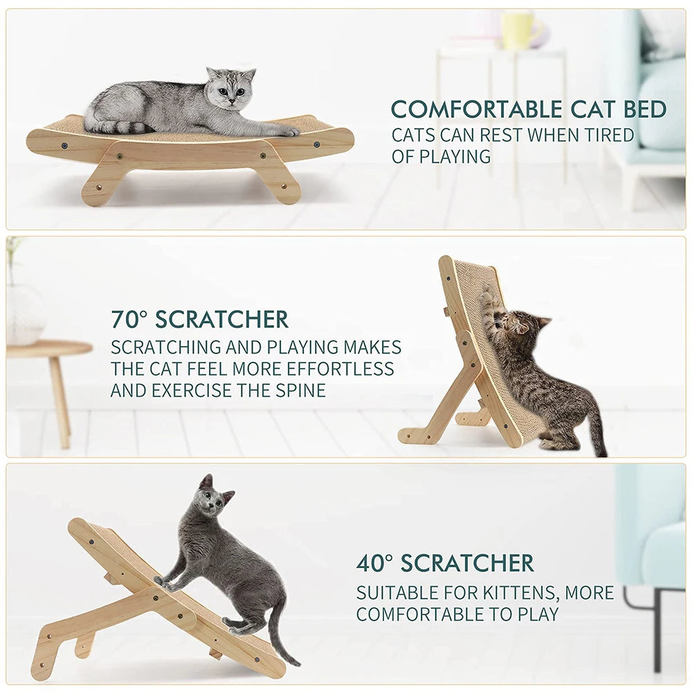 Griffoir multi-angles pour chats montrant différentes positions d'utilisation.