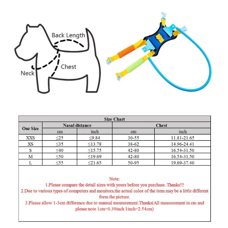 Tableau des tailles et dimensions du collier anti-collision pour chien aveugle avec un schéma explicatif.