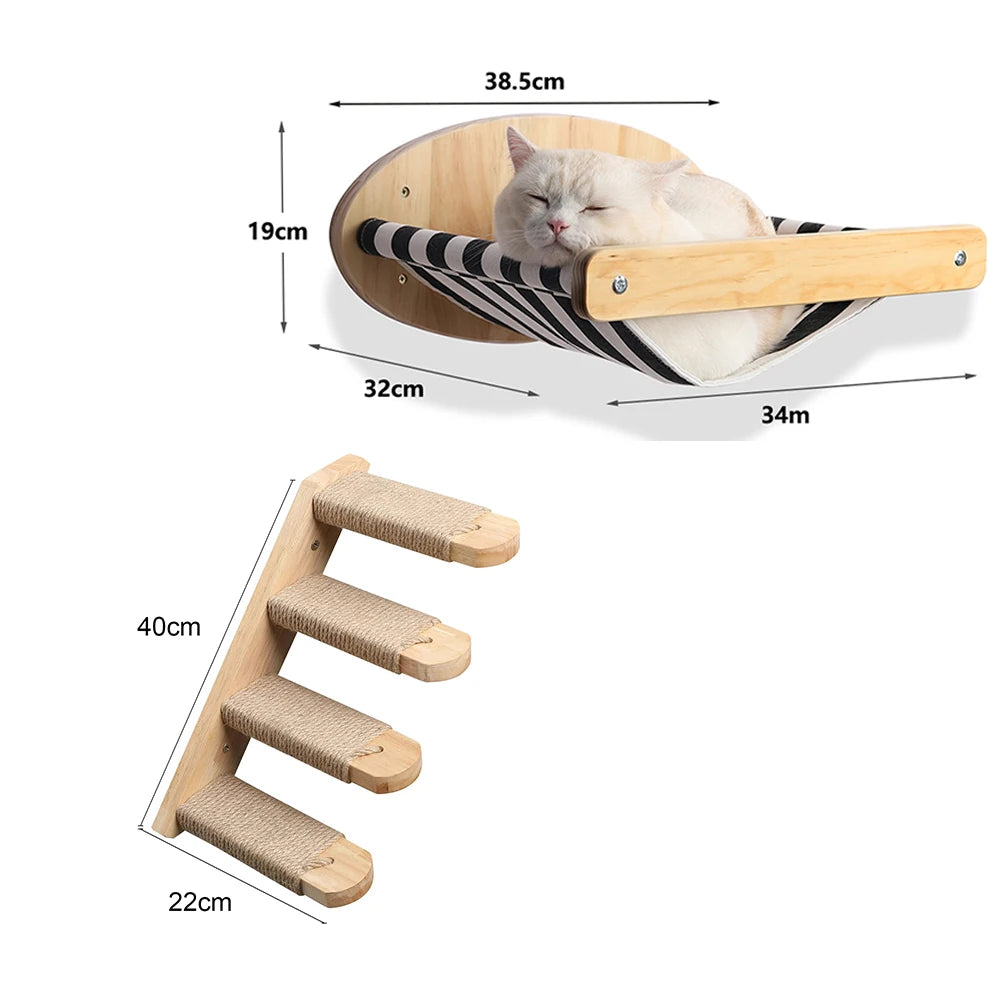 Étagère murale courbée en bois pour chat, avec les dimensions détaillées et deux petites étagères rectangulaires.