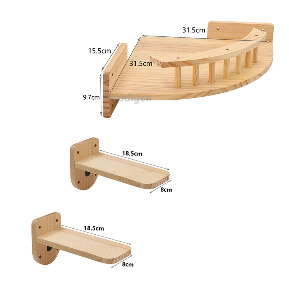 Etagère murale courbée pour chat et trois petites étagères rectangulaires en bois, avec les dimensions indiquées.