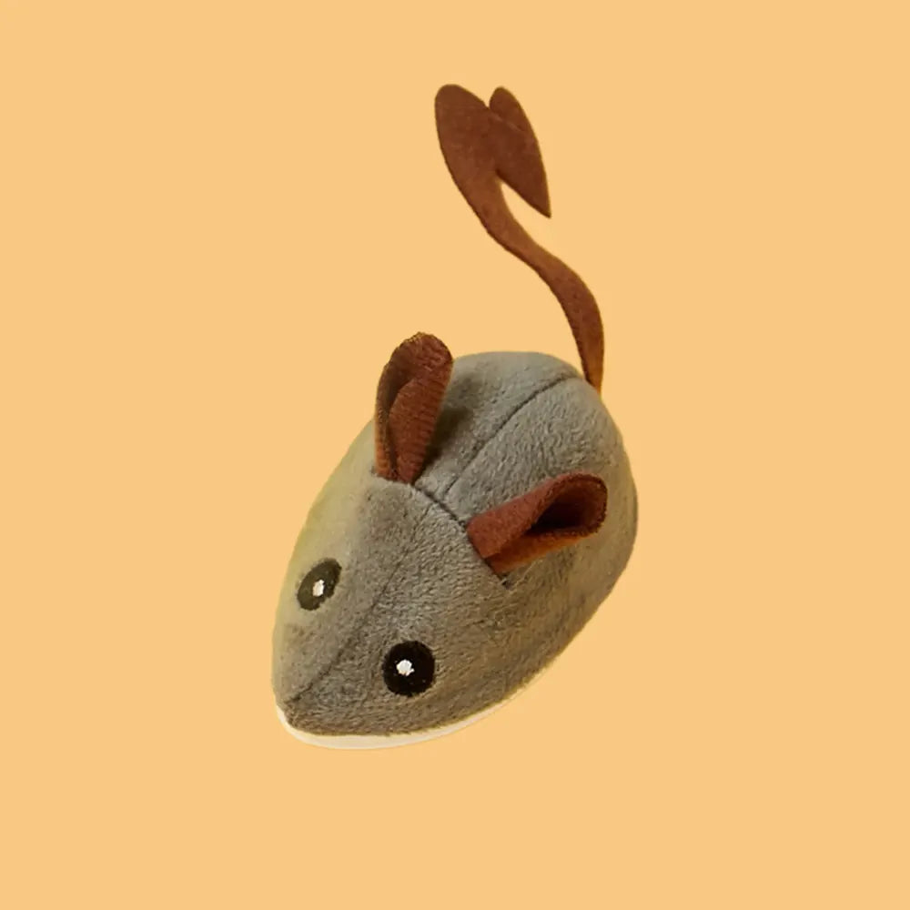 Jouet en peluche pour chat en forme de souris grise avec des oreilles et une queue marron.