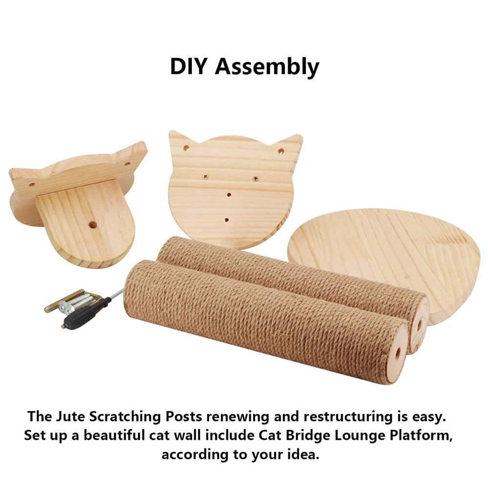 Kit de montage DIY pour mur de jeu pour chats avec supports en bois et poteaux en jute.