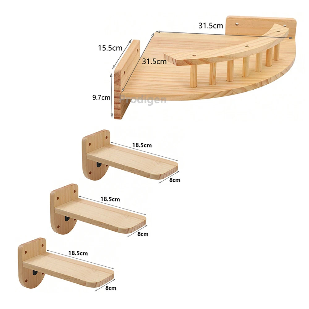 Ensemble d'étagères murales pour chat en bois avec une plate-forme semi-circulaire, comprenant des mesures détaillées pour chaque pièce.