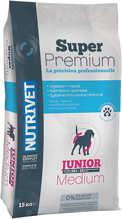 Sac de croquettes Nutrivet Super Premium Junior pour chiens de race moyenne de 15 kg.