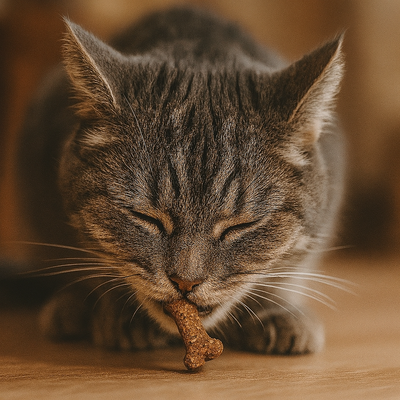 Chat gris dégustant une friandise végétale en forme d’os, sur sol en bois clair, dans un intérieur chaleureux et naturel