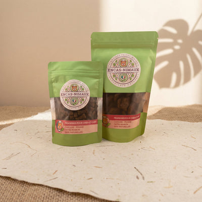 Sachet recyclable vert de friandises naturelles pour chat et chien à la pomme, marque Encas-Nimaux, design artisanal et écoresponsable.