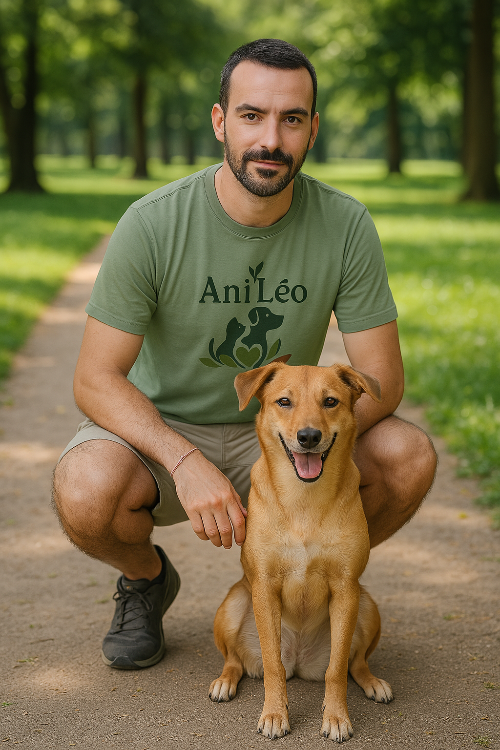 La chienne Olienne, assise avec le fondateur d'Aniléo.